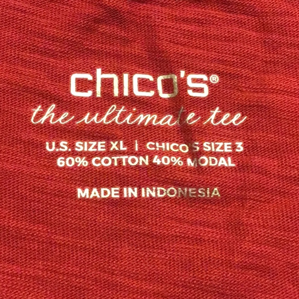 NWOT,CHICO’s short sleeve T shirt, Size 3, LIGHTWEIGHT FABRIC/RED (14/16)